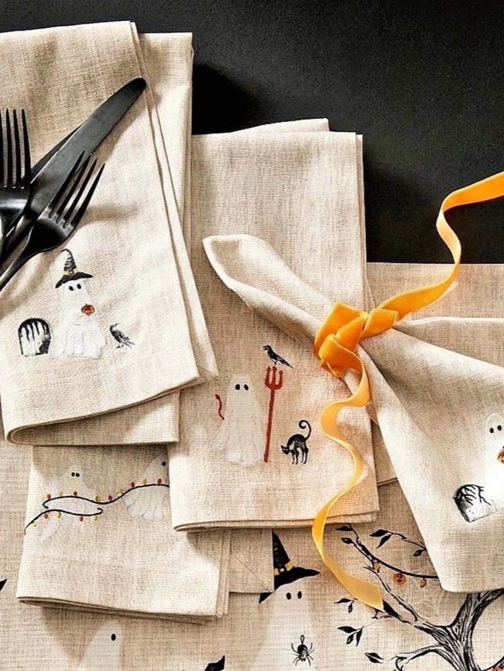 Pottery Barn Scary Squad Embroidered Napkins 4 pack Organic Cotton Halloween Na